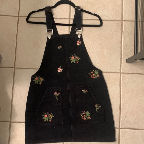 Black Jean Overalls Dress with Floral Embroidery | Color: Black | Size: Xs | Ipandrew96's Closet